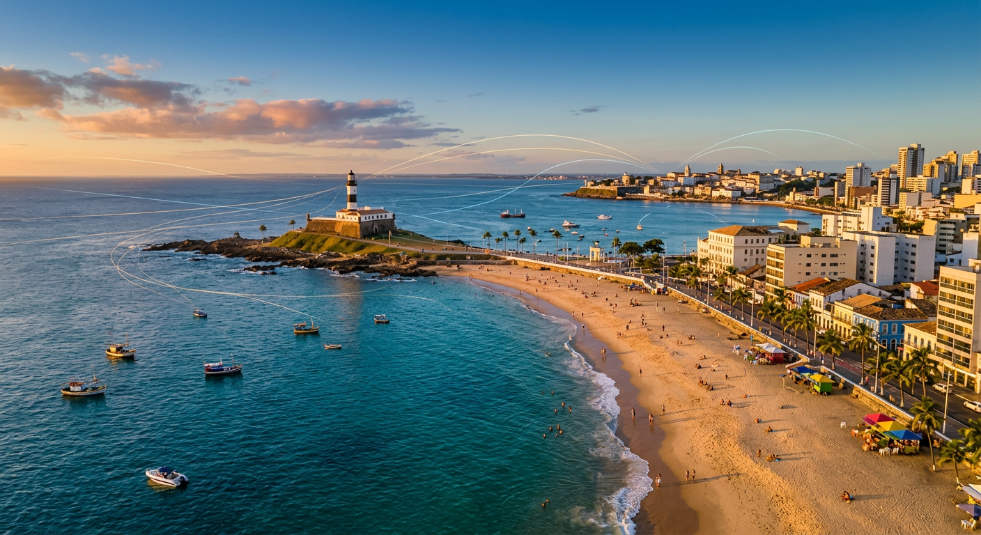 Salvador coastline with lighthouse, beach, boats, and city skyline